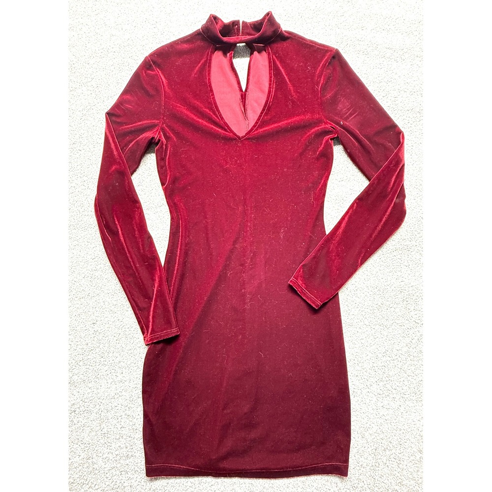 Willow & Clay Anthropologie Red Velvet Mock Neck Cutout Long Sleeve Mini Dress M